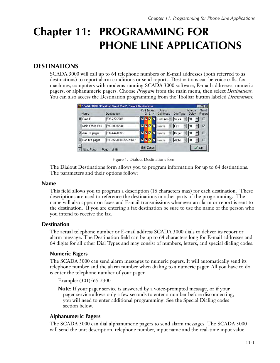 Chapter 11: programming for, Phone line applications, Destinations | Name, Destination, Destinations -1, Name -1 destination -1 | Sensaphone SCADA 3000 Users manual User Manual | Page 83 / 318