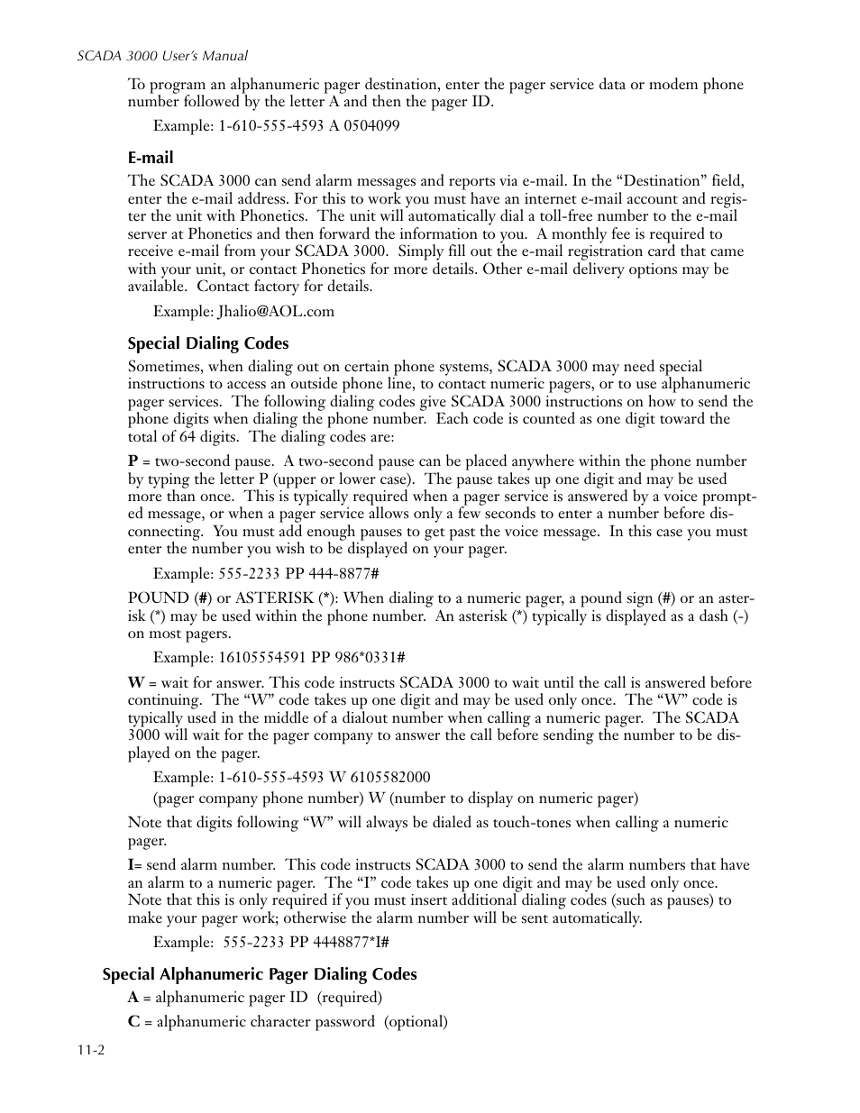 E-mail, Special dialing codes, E-mail -2 special dialing codes -2 | Sensaphone SCADA 3000 Users manual User Manual | Page 84 / 318