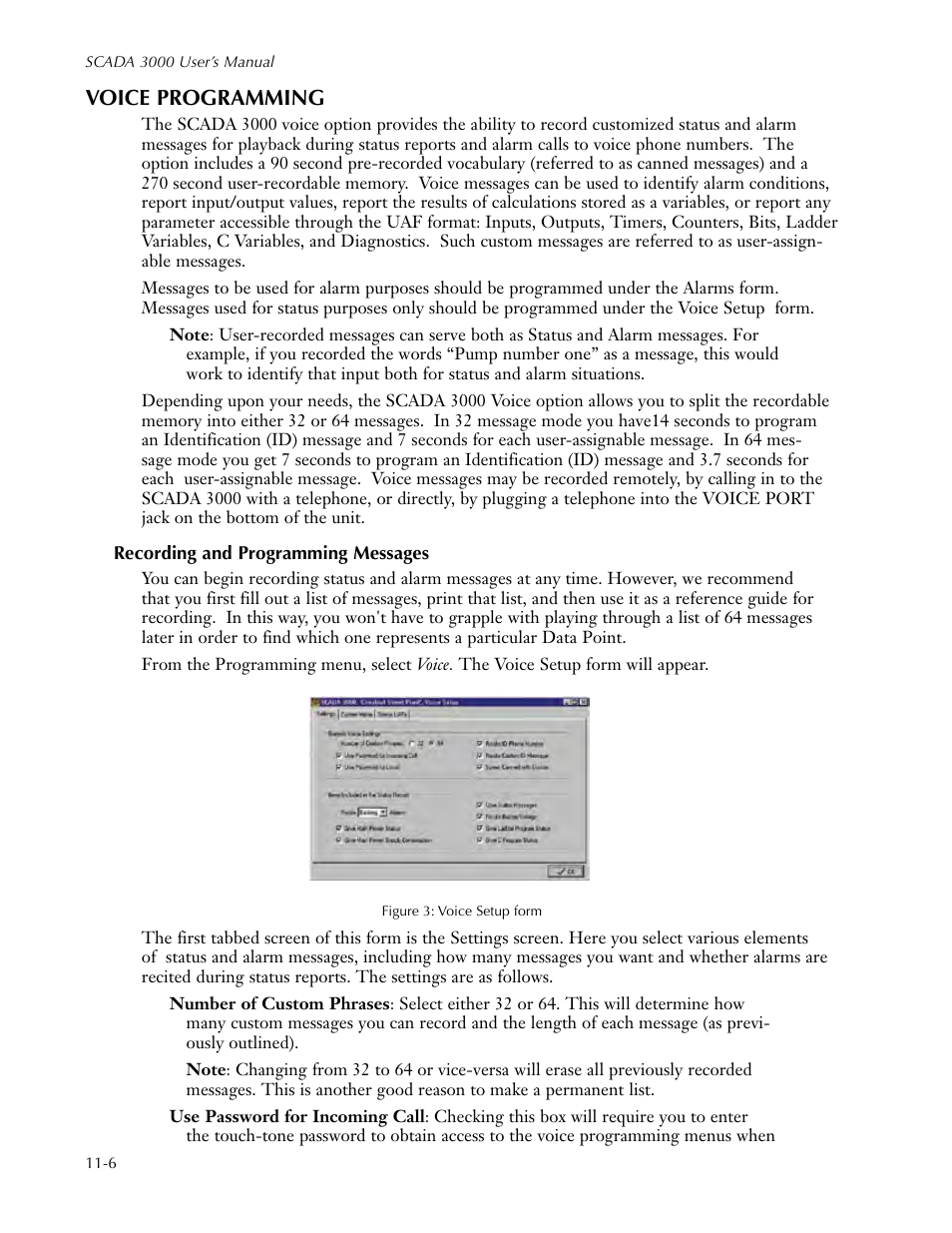 Voice programming, Recording and programming messages, Voice programming -6 | Recording and programming messages -6 | Sensaphone SCADA 3000 Users manual User Manual | Page 88 / 318