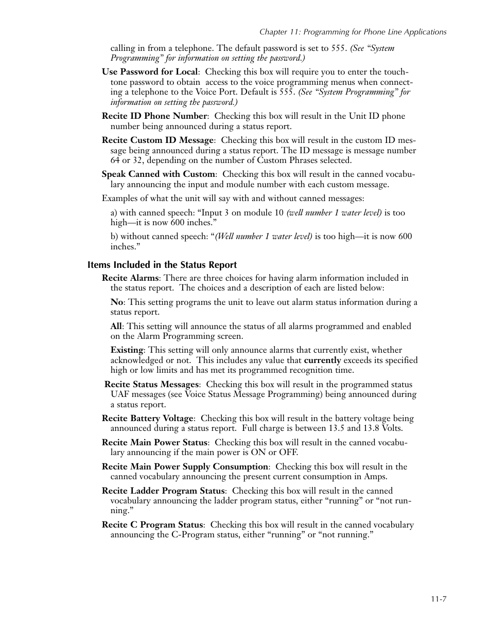 Items included in the status report, Items included in the status report -7 | Sensaphone SCADA 3000 Users manual User Manual | Page 89 / 318