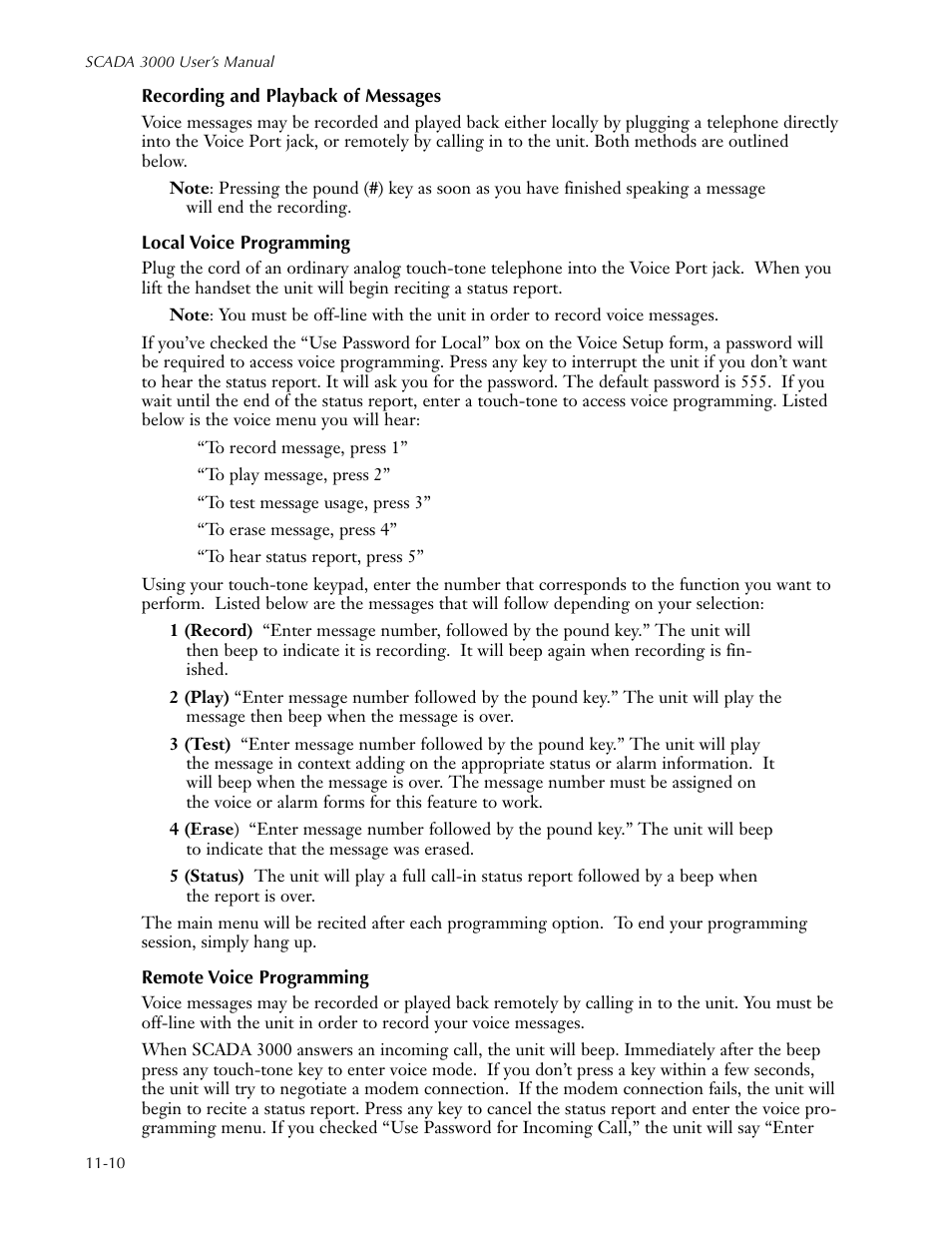 Recording and playback of messages, Local voice programming, Remote voice programming | Sensaphone SCADA 3000 Users manual User Manual | Page 92 / 318