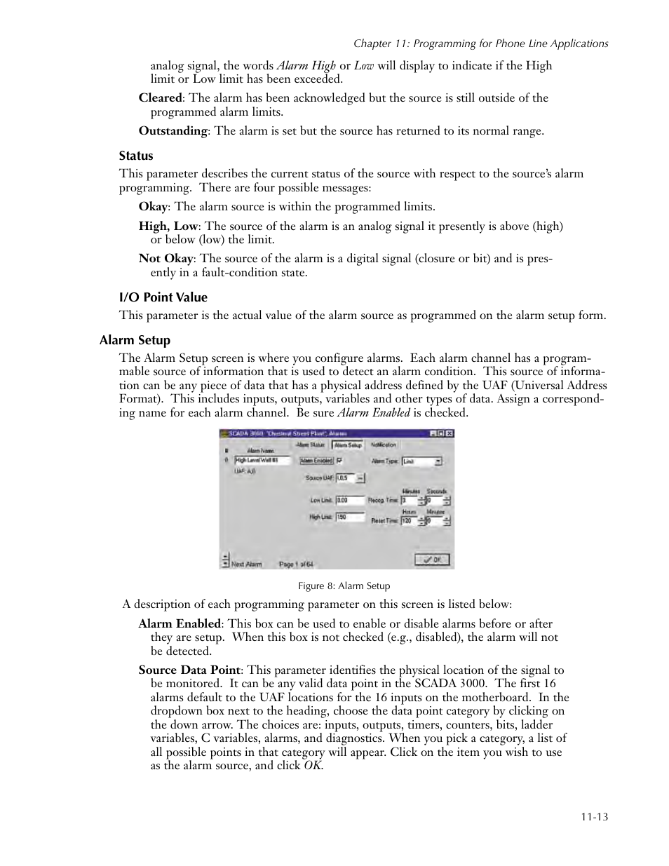 Status, I/o point value, Alarm setup | Status -13 i/o point value -13, Alarm setup -13 | Sensaphone SCADA 3000 Users manual User Manual | Page 95 / 318