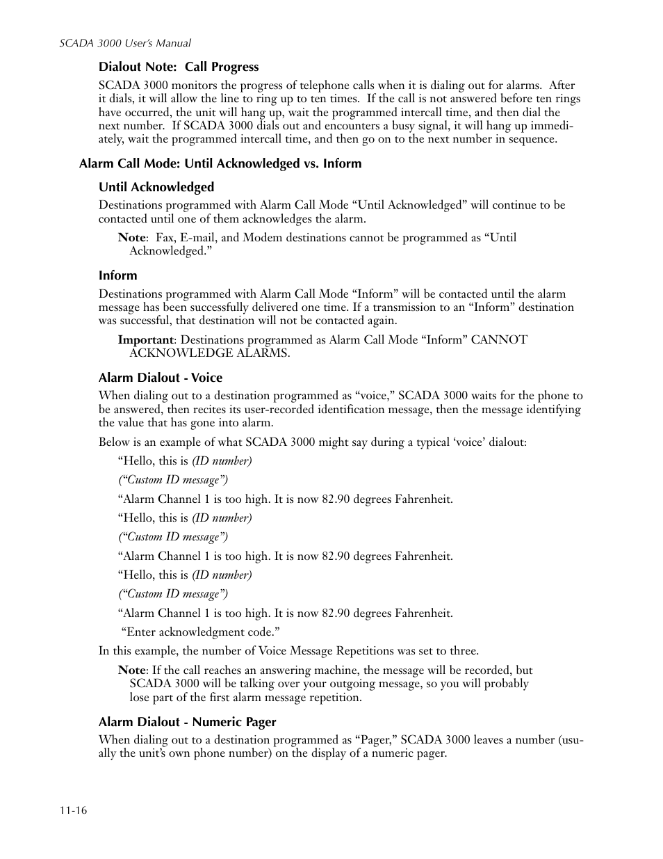 Dialout note: call progress, Alarm call mode: until acknowledged vs. inform, Until acknowledged | Inform, Alarm dialout - voice, Dialout note: call progress -16, Alarm call mode: until acknowledged vs. inform -16 | Sensaphone SCADA 3000 Users manual User Manual | Page 98 / 318