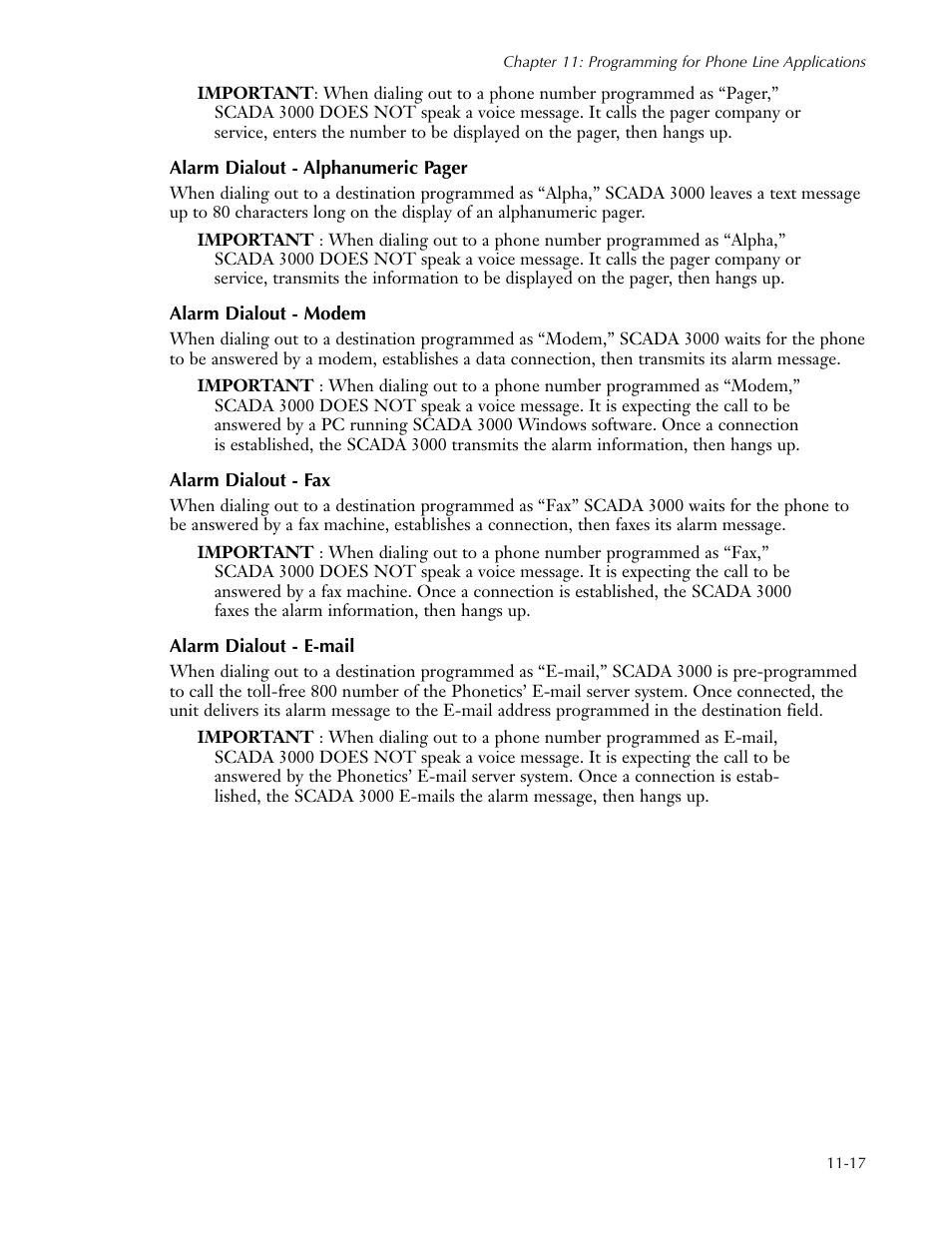 Alarm dialout - modem, Alarm dialout - fax, Alarm dialout - e-mail | Sensaphone SCADA 3000 Users manual User Manual | Page 99 / 318