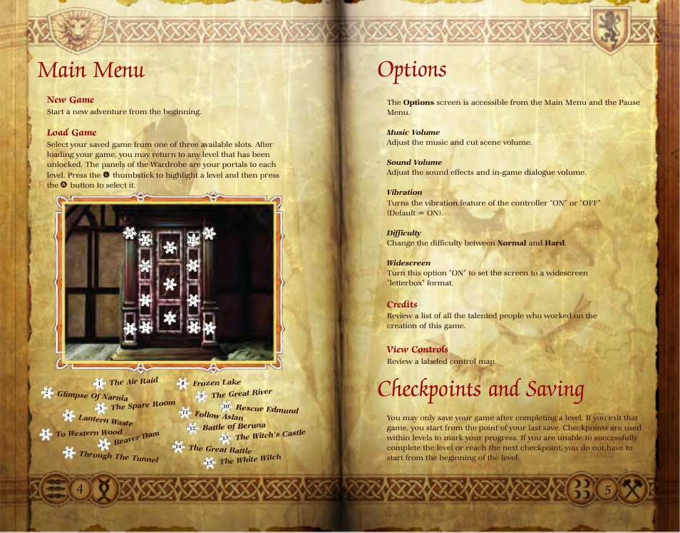 Options, Checkpoints and saving, Main menu | Disney The Chronicles of Narnia: The Lion User Manual | Page 3 / 11