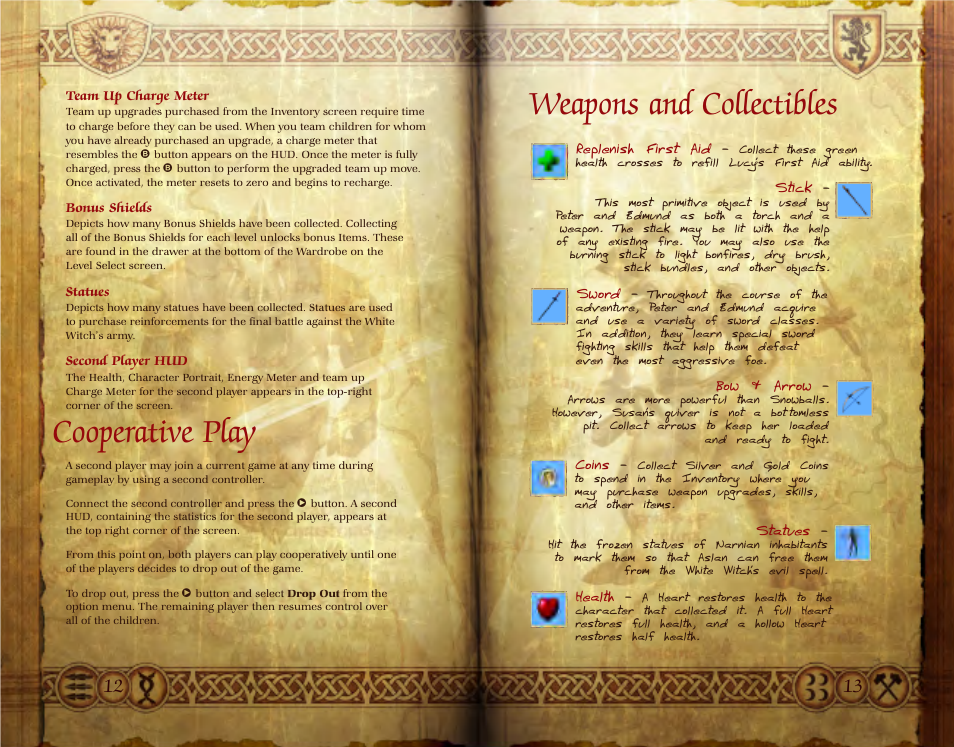Weapons and collectibles, Cooperative play | Disney The Chronicles of Narnia: The Lion User Manual | Page 7 / 11