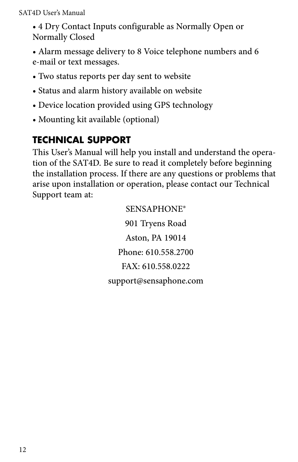 Technical support | Sensaphone SAT4D User Manual | Page 12 / 32