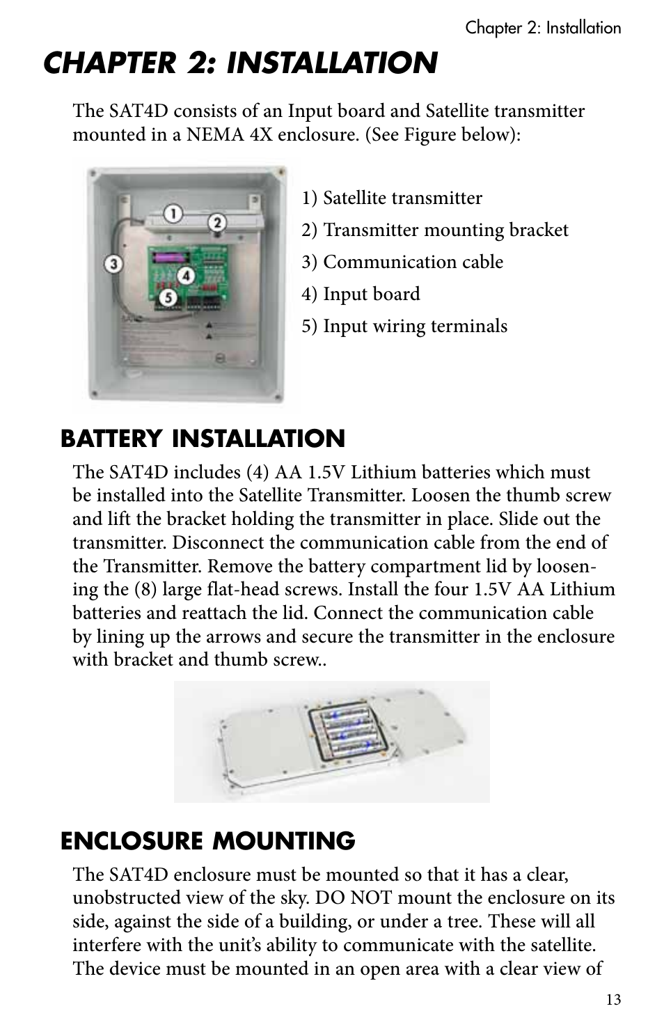 Chapter 2: installation, Battery installation, Enclosure mounting | Sensaphone SAT4D User Manual | Page 13 / 32