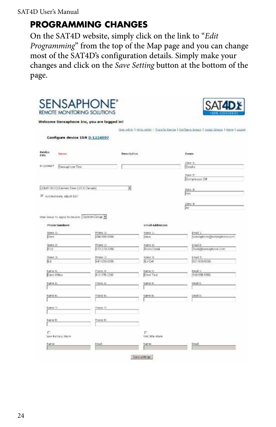 Programming changes | Sensaphone SAT4D User Manual | Page 24 / 32