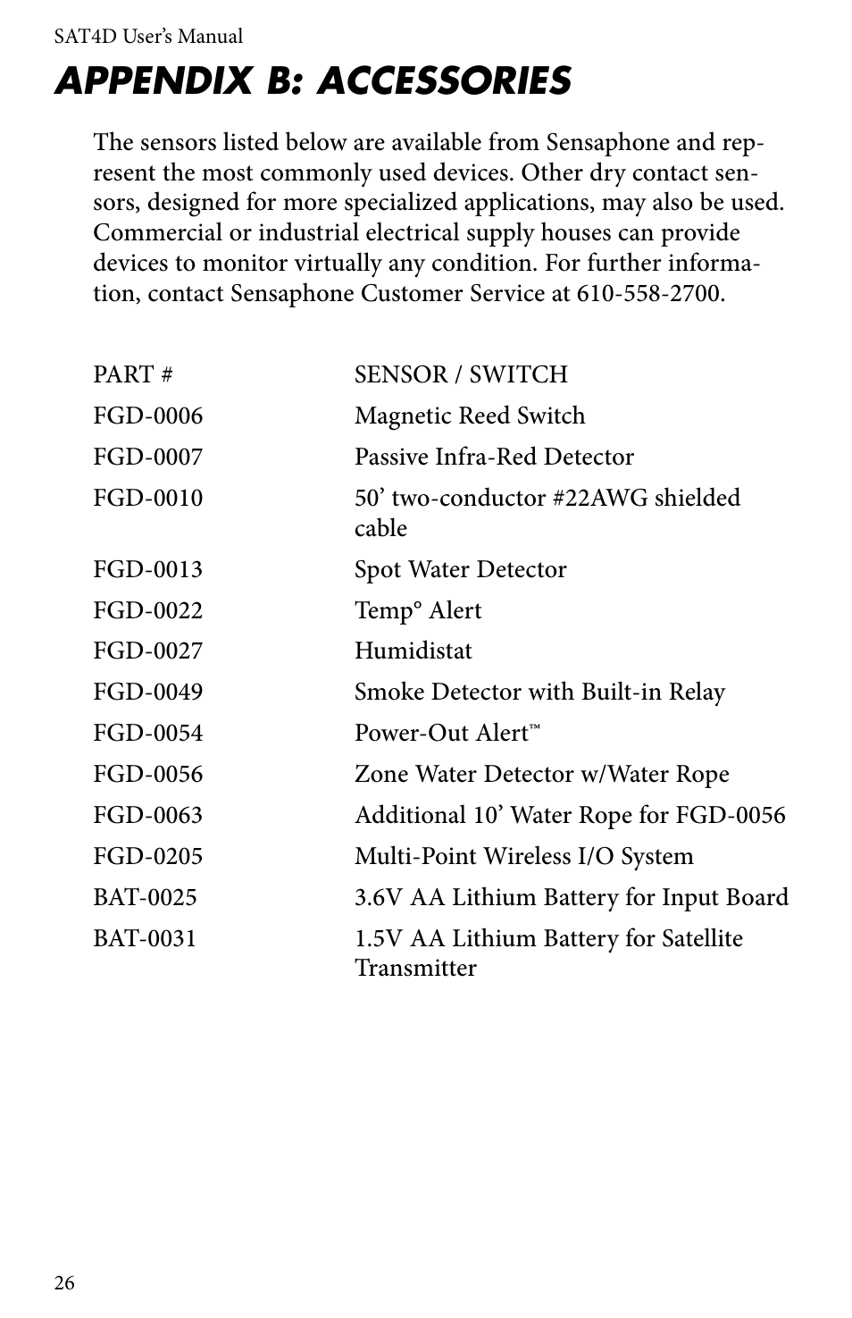 Appendix b: accessories | Sensaphone SAT4D User Manual | Page 26 / 32