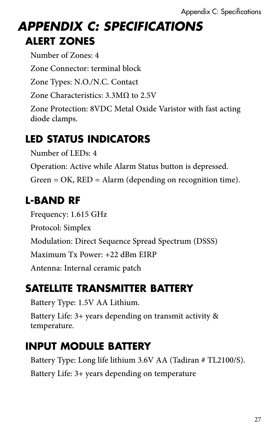 Appendix c: specifications | Sensaphone SAT4D User Manual | Page 27 / 32