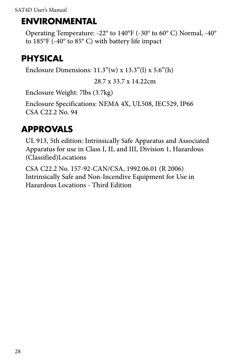 Physical, Environmental, Approvals | Sensaphone SAT4D User Manual | Page 28 / 32