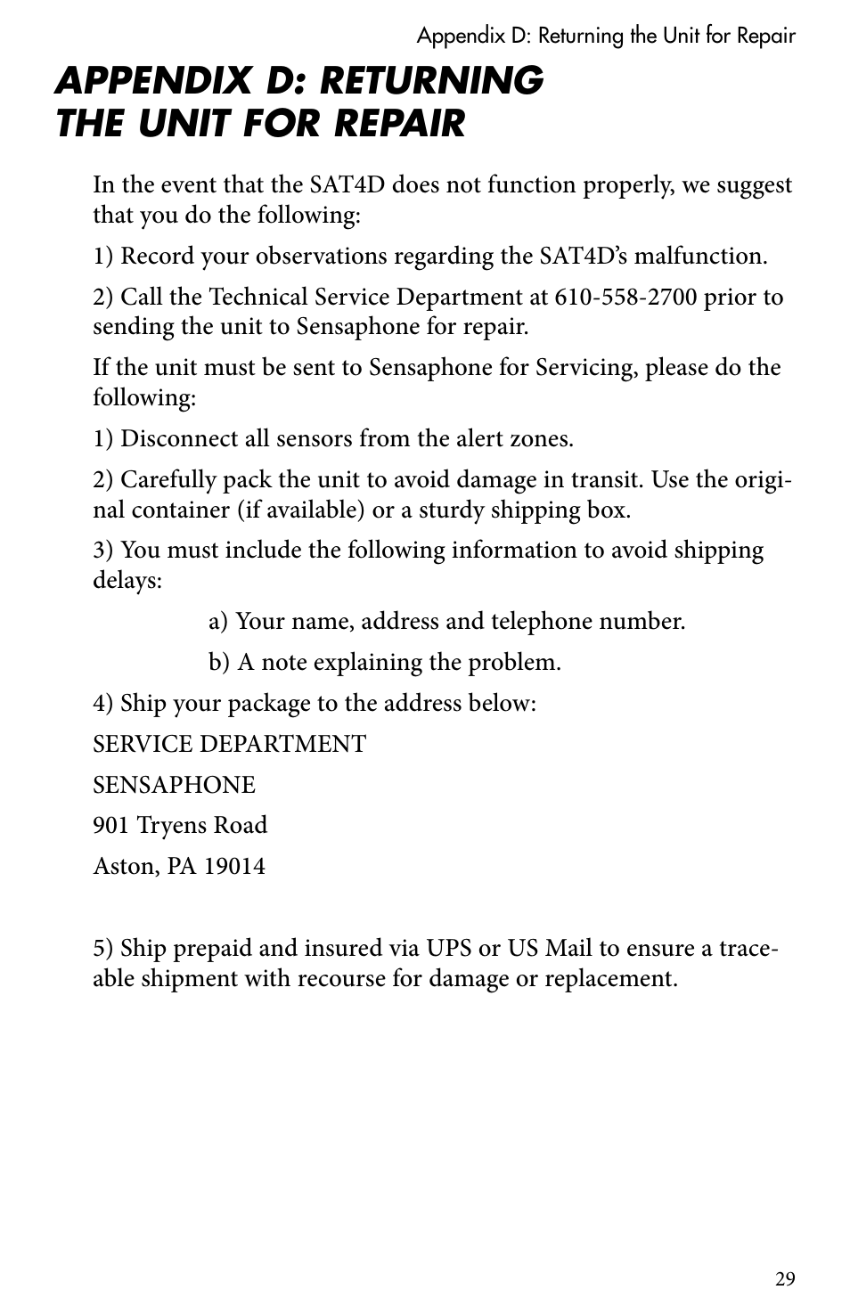 Appendix d: returning the unit for repair | Sensaphone SAT4D User Manual | Page 29 / 32