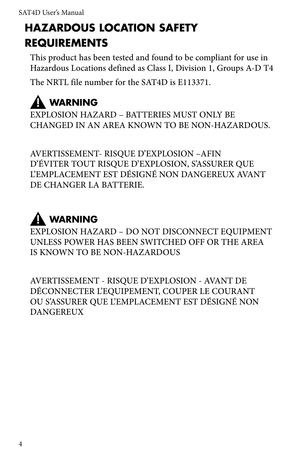 Hazardous location safety requirements | Sensaphone SAT4D User Manual | Page 4 / 32