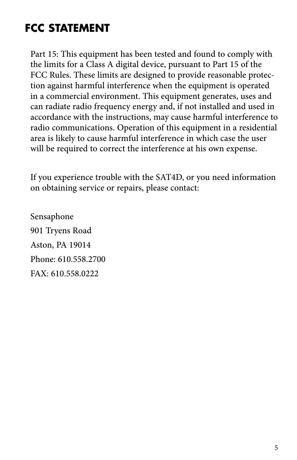 Fcc statement | Sensaphone SAT4D User Manual | Page 5 / 32
