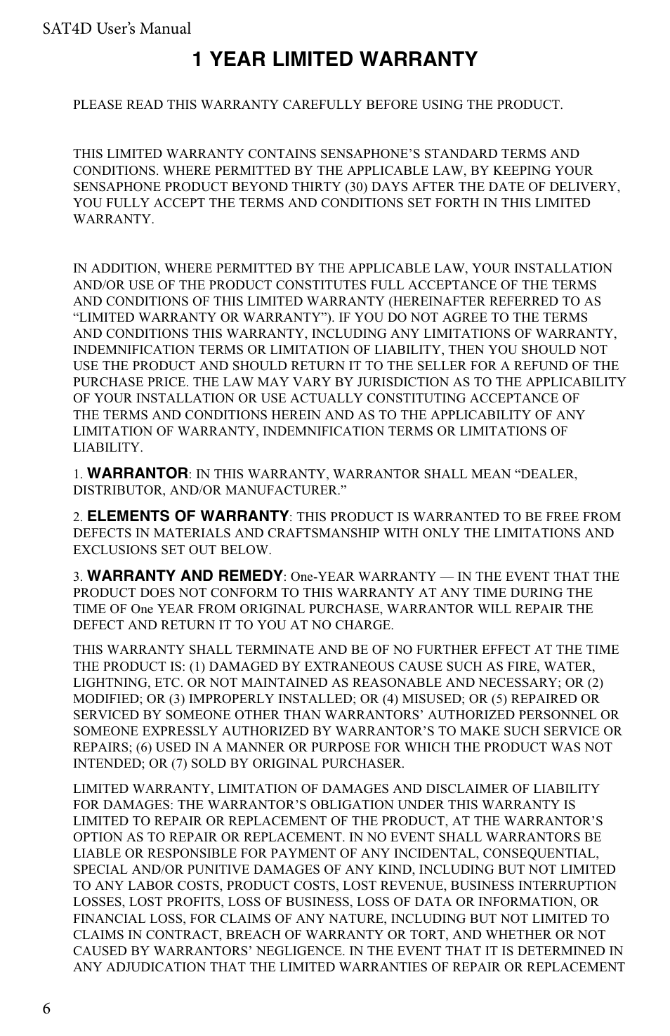 1 year limited warranty, 6sat4d user’s manual | Sensaphone SAT4D User Manual | Page 6 / 32