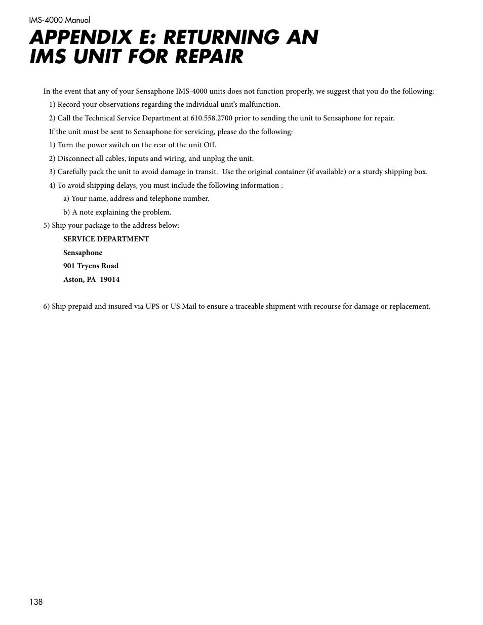 Appendix e: returning an ims unit for repair | Sensaphone IMS-4000 Users manual User Manual | Page 140 / 142