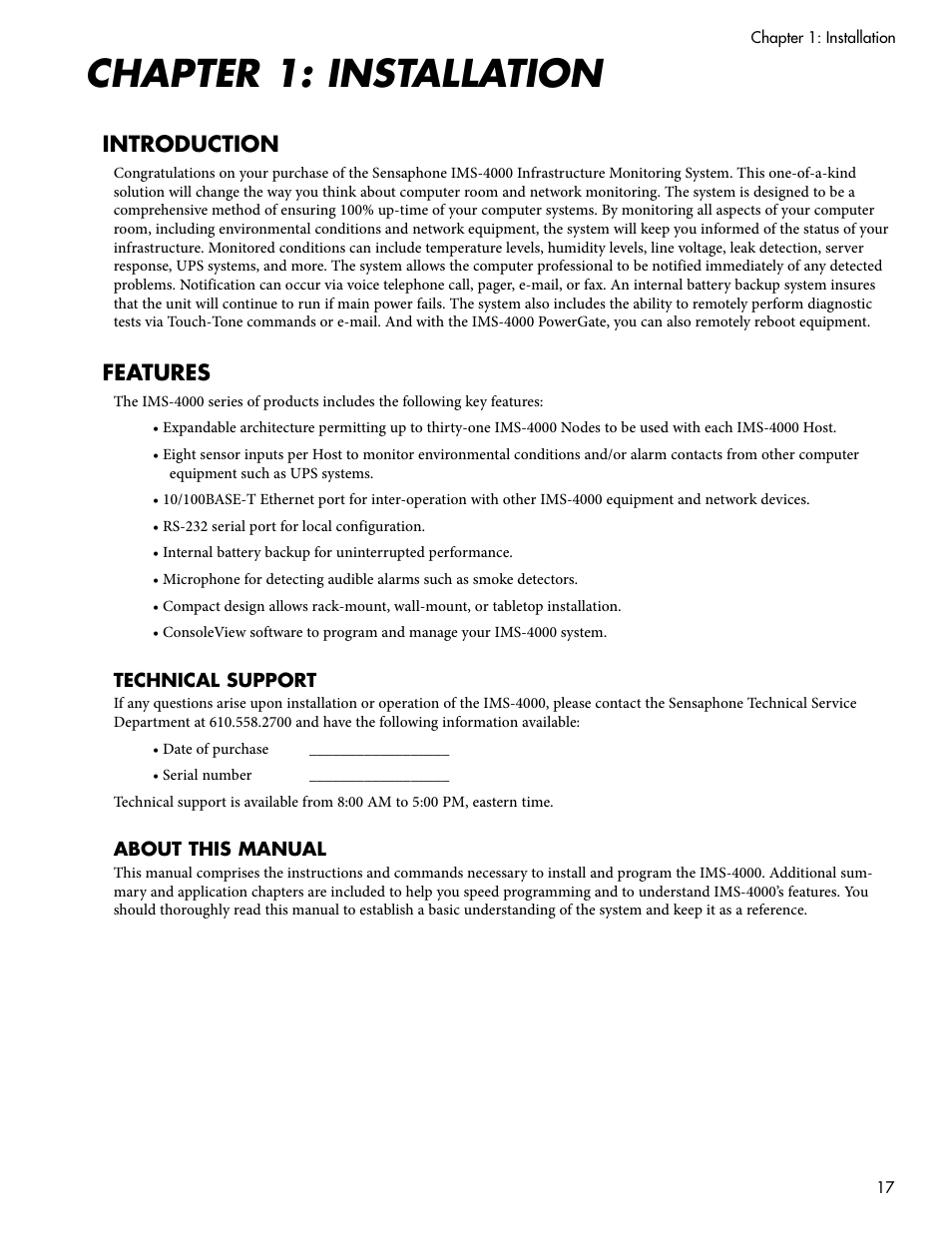 Chapter 1: installation, Introduction, Features | Sensaphone IMS-4000 Users manual User Manual | Page 19 / 142