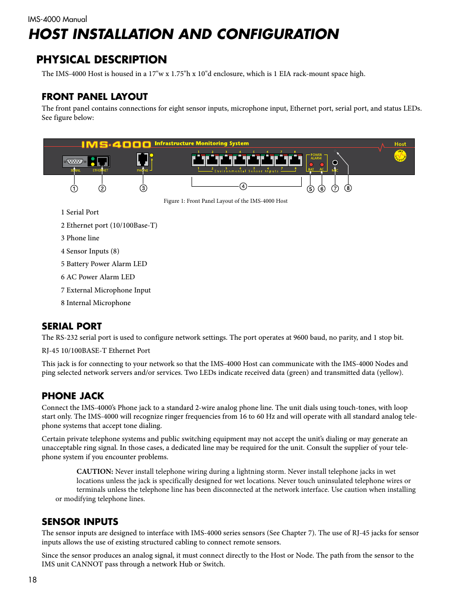 Host installation and configuration, Physical description | Sensaphone IMS-4000 Users manual User Manual | Page 20 / 142