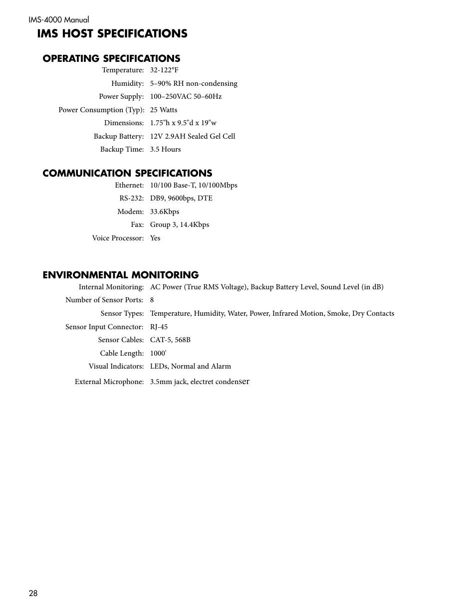 Ims host specifications | Sensaphone IMS-4000 Users manual User Manual | Page 30 / 142