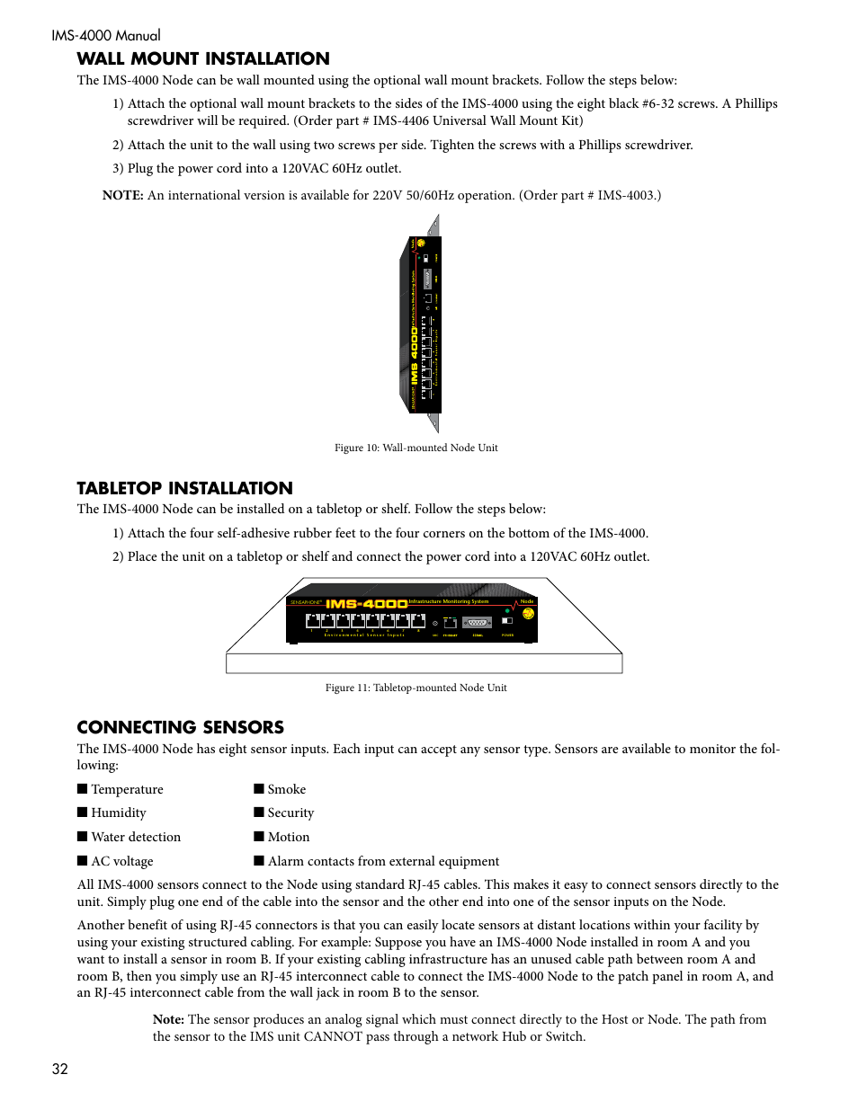 Wall mount installation, Tabletop installation, Connecting sensors | Sensaphone IMS-4000 Users manual User Manual | Page 34 / 142