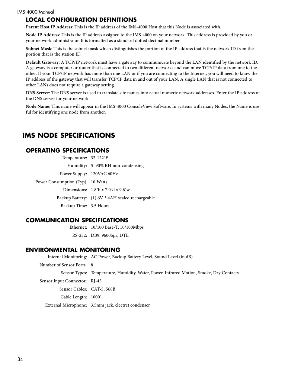 Ims node specifications | Sensaphone IMS-4000 Users manual User Manual | Page 36 / 142