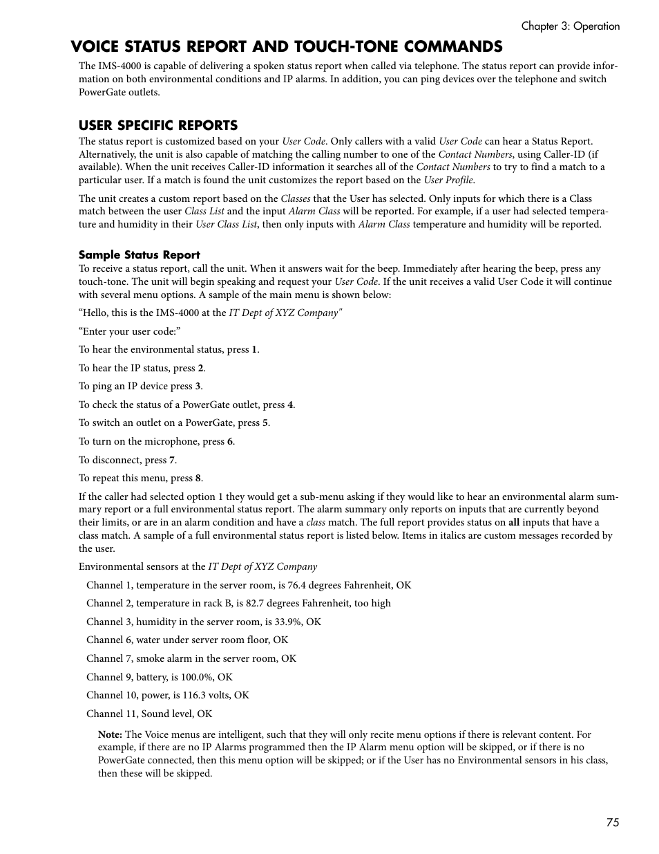 Voice status report and touch-tone commands | Sensaphone IMS-4000 Users manual User Manual | Page 77 / 142