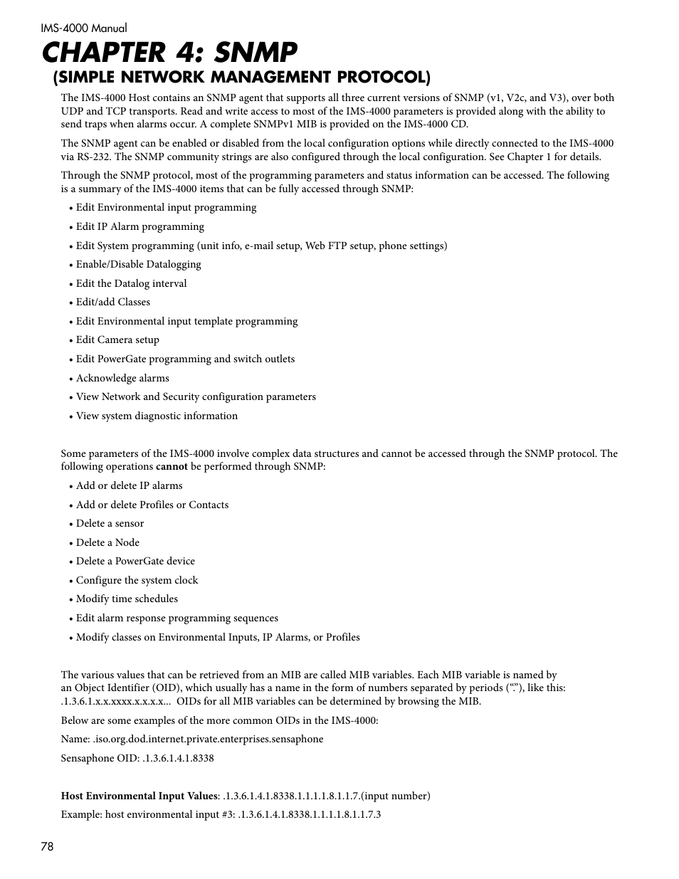 Chapter 4: snmp, Simple network management protocol) | Sensaphone IMS-4000 Users manual User Manual | Page 80 / 142