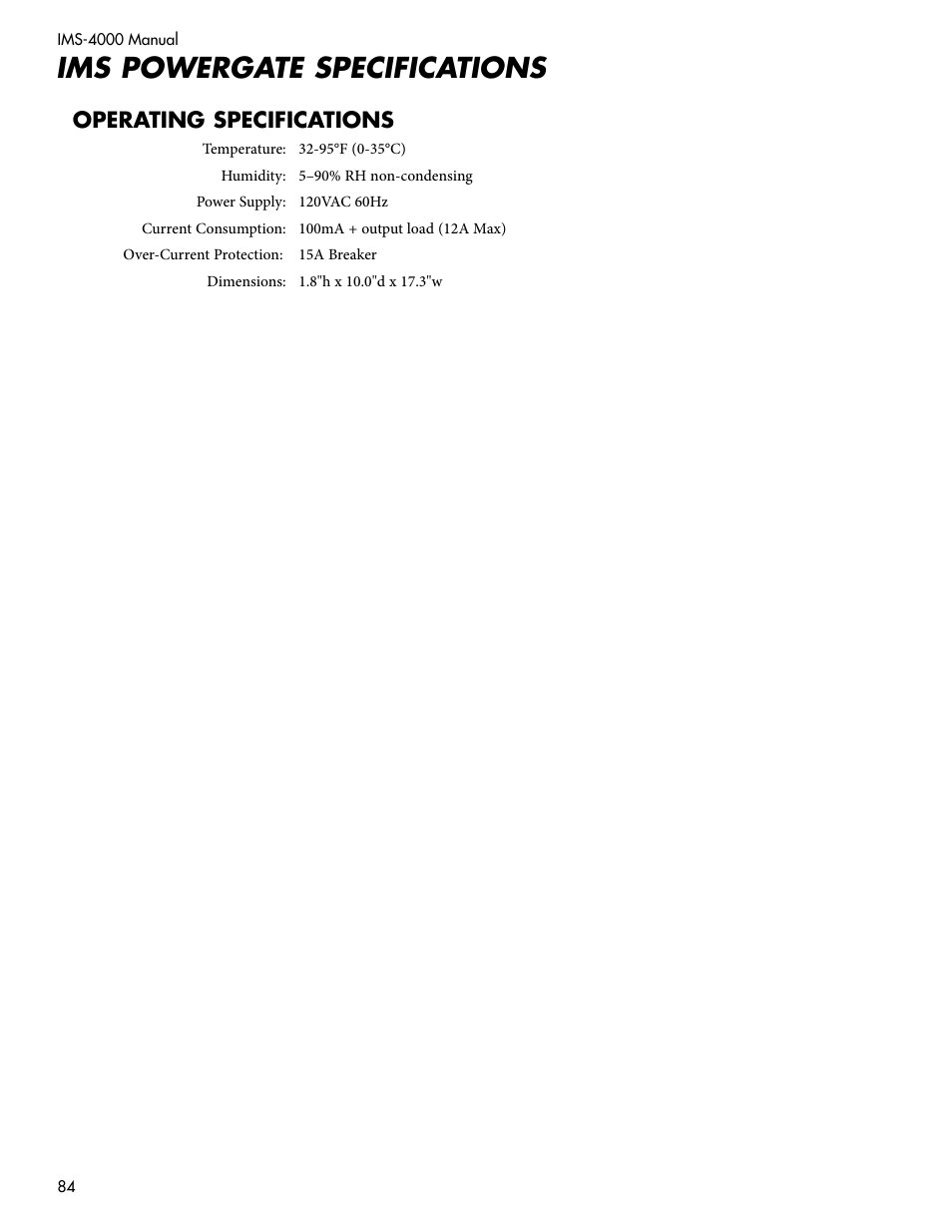 Ims powergate specifications, Operating specifications | Sensaphone IMS-4000 Users manual User Manual | Page 86 / 142