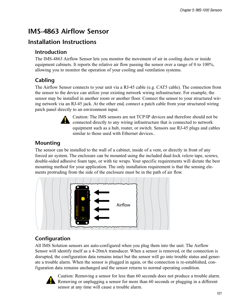 Ims-4863 airflow sensor, Installation instructions, Introduction | Cabling, Mounting, Configuration, Airflow | Sensaphone IMS-1000 Users manual User Manual | Page 101 / 114