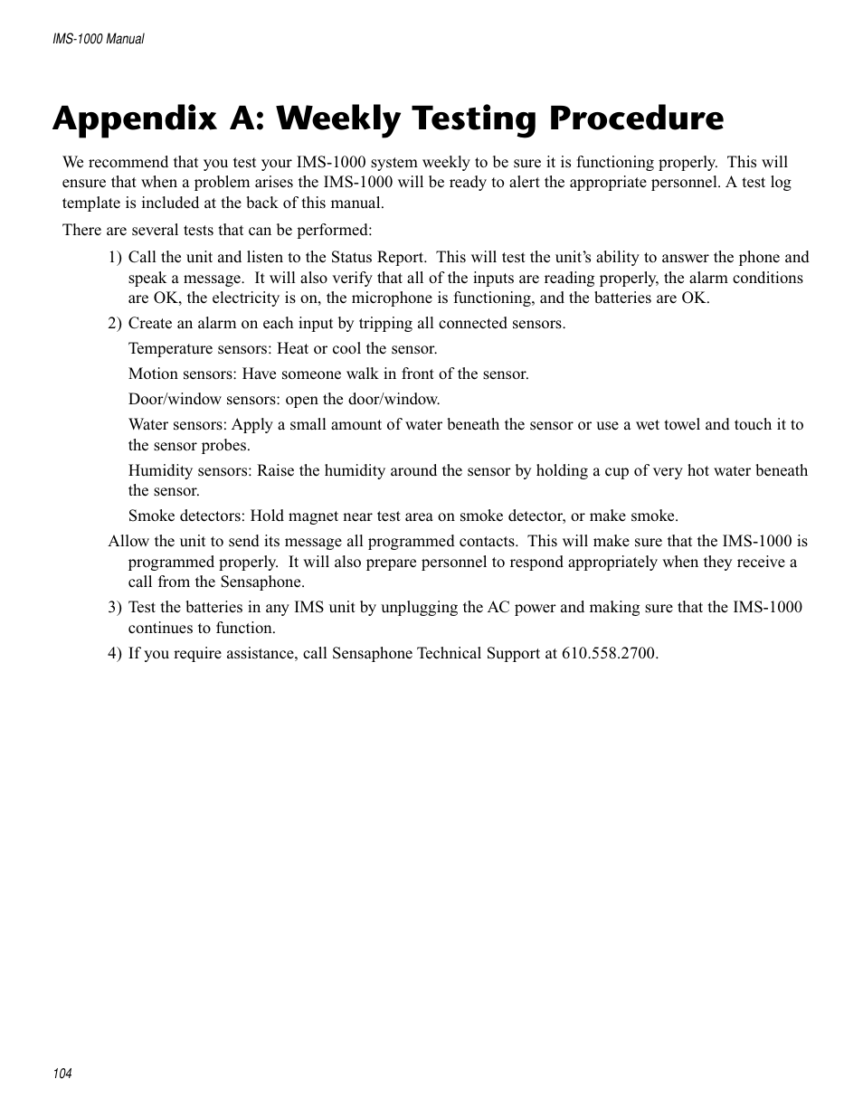 Appendix a: weekly testing procedure, Appendix a: weekly testing procedure 104 | Sensaphone IMS-1000 Users manual User Manual | Page 104 / 114