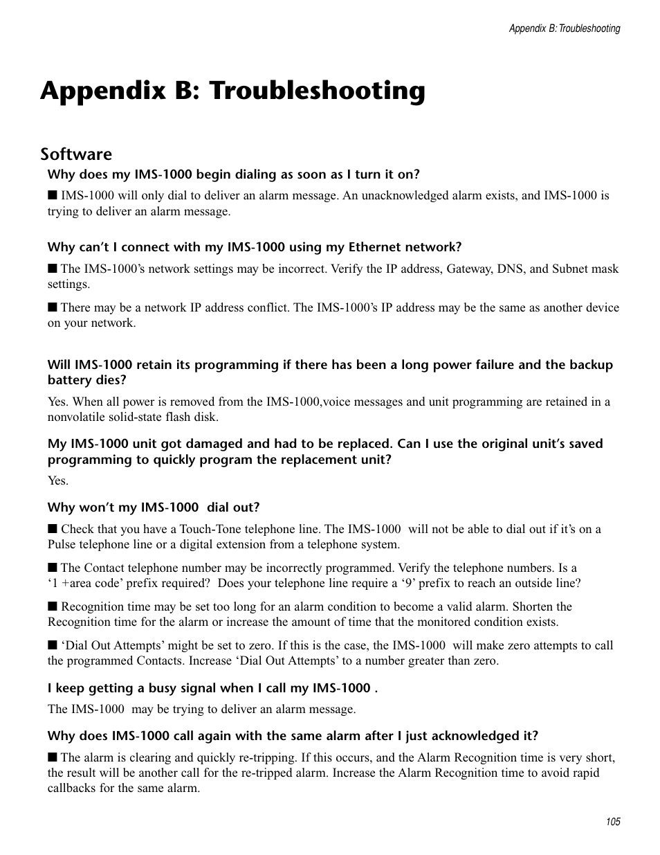 Appendix b: troubleshooting, Software | Sensaphone IMS-1000 Users manual User Manual | Page 105 / 114