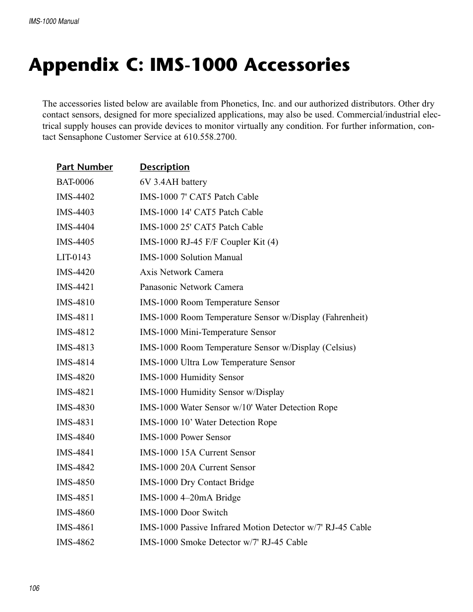 Appendix c: ims-1000 accessories, Appendix c: ims-4000 accessories | Sensaphone IMS-1000 Users manual User Manual | Page 106 / 114