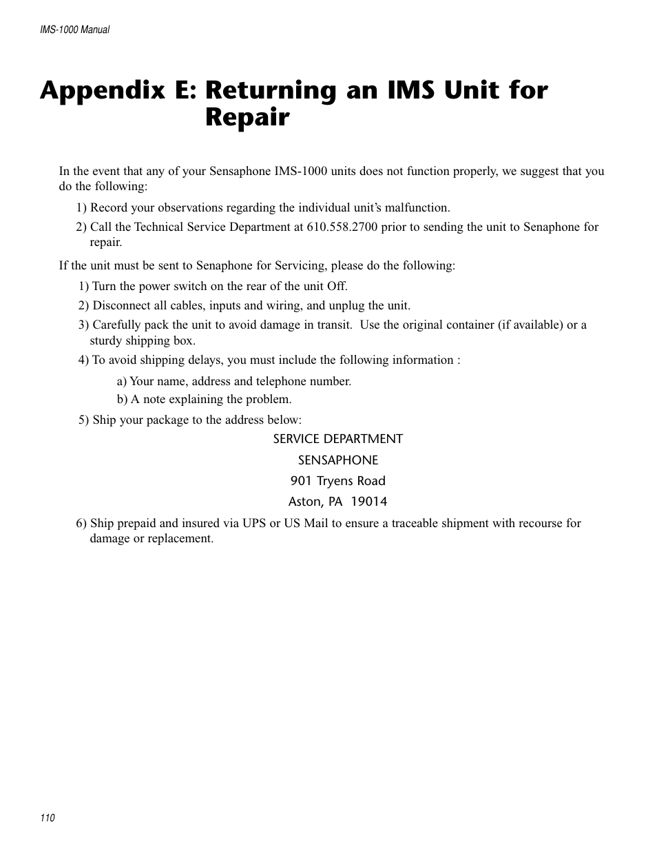 Appendix e: returning an ims unit for, Repair, Appendix e: returning an ims unit for repair | Appendix e: returning an, Ims unit for repair | Sensaphone IMS-1000 Users manual User Manual | Page 110 / 114