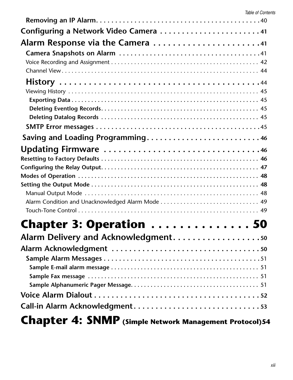 Chapter 3: operation, Chapter 4: snmp, Alarm response via the camera | History, Updating firmware, Alarm delivery and acknowledgment | Sensaphone IMS-1000 Users manual User Manual | Page 13 / 114