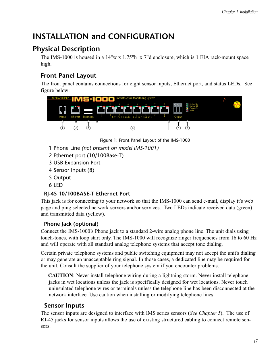 Installation and configuration, Physical description, Front panel layout | Rj-45 10/100base-t ethernet port, Phone jack (optional), Sensor inputs, Ims-1000, Chapter 1: installation 17 | Sensaphone IMS-1000 Users manual User Manual | Page 17 / 114