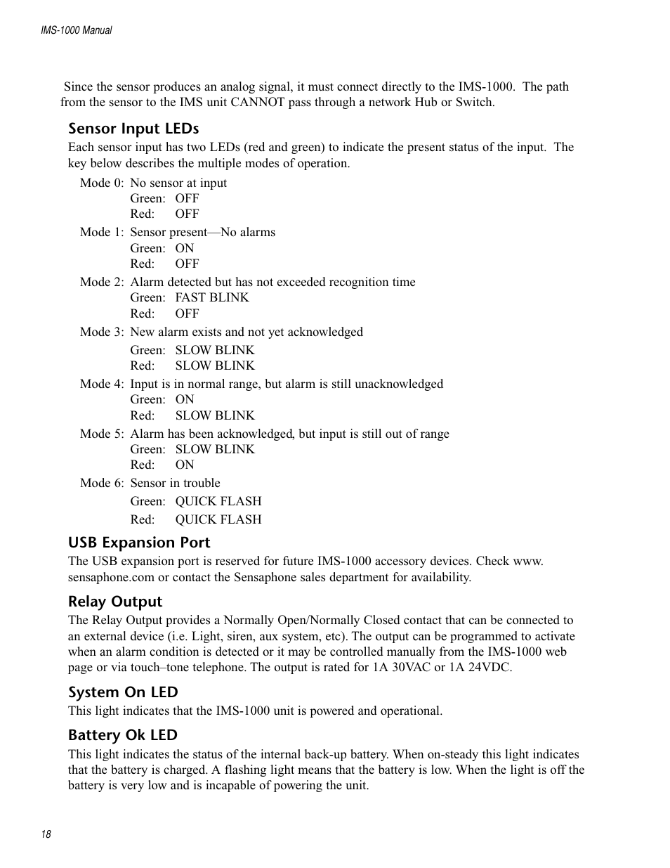 Sensor input leds, Usb expansion port, Relay output | System on led, Battery ok led | Sensaphone IMS-1000 Users manual User Manual | Page 18 / 114