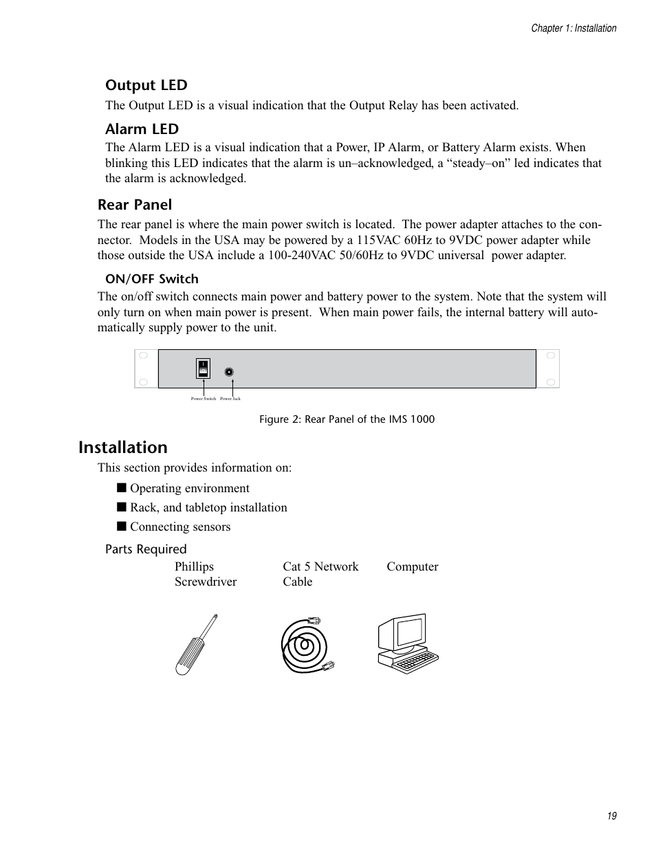 Alarm led, Rear panel, On/off switch | Installation, Parts required | Sensaphone IMS-1000 Users manual User Manual | Page 19 / 114