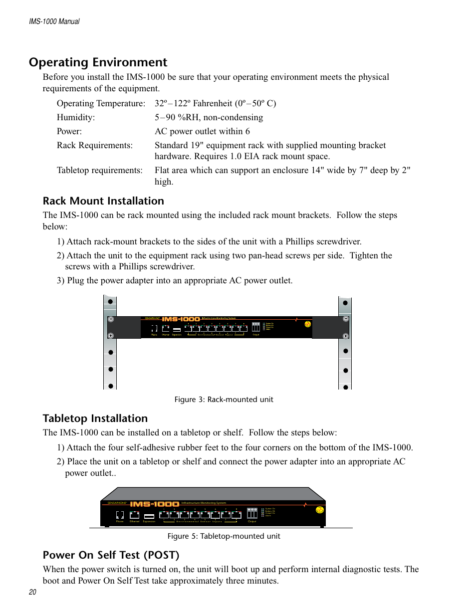 Operating environment, Rack mount installation, Tabletop installation | Power on self test (post), Figure 3: rack-mounted unit, Figure 5: tabletop-mounted unit, Ims-1000 | Sensaphone IMS-1000 Users manual User Manual | Page 20 / 114