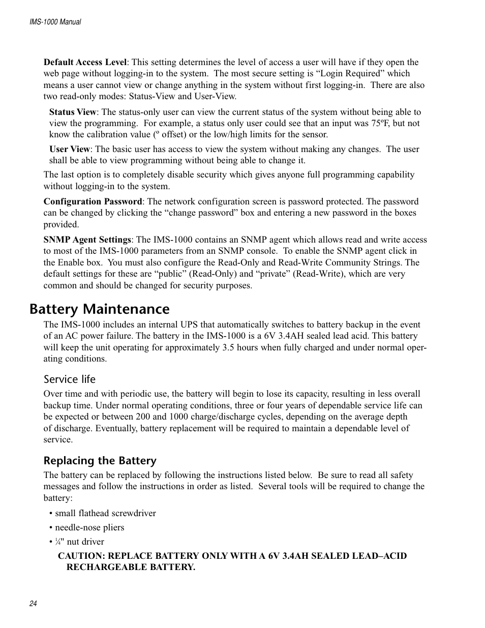 Battery maintenance, Service life, Replacing the battery | Sensaphone IMS-1000 Users manual User Manual | Page 24 / 114