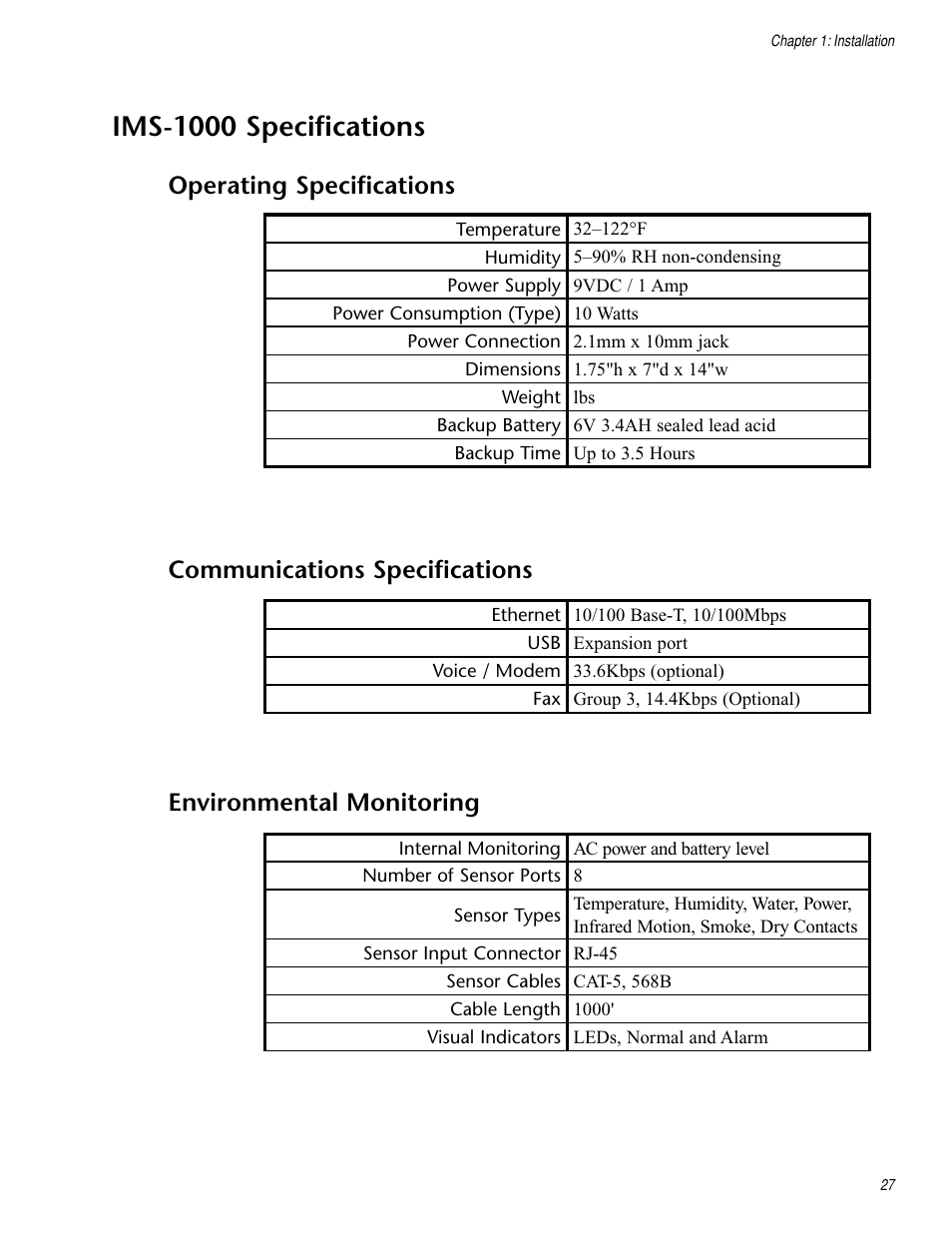 Ims-1000 specifications, Operating specifications, Communications specifications | Environmental monitoring | Sensaphone IMS-1000 Users manual User Manual | Page 27 / 114