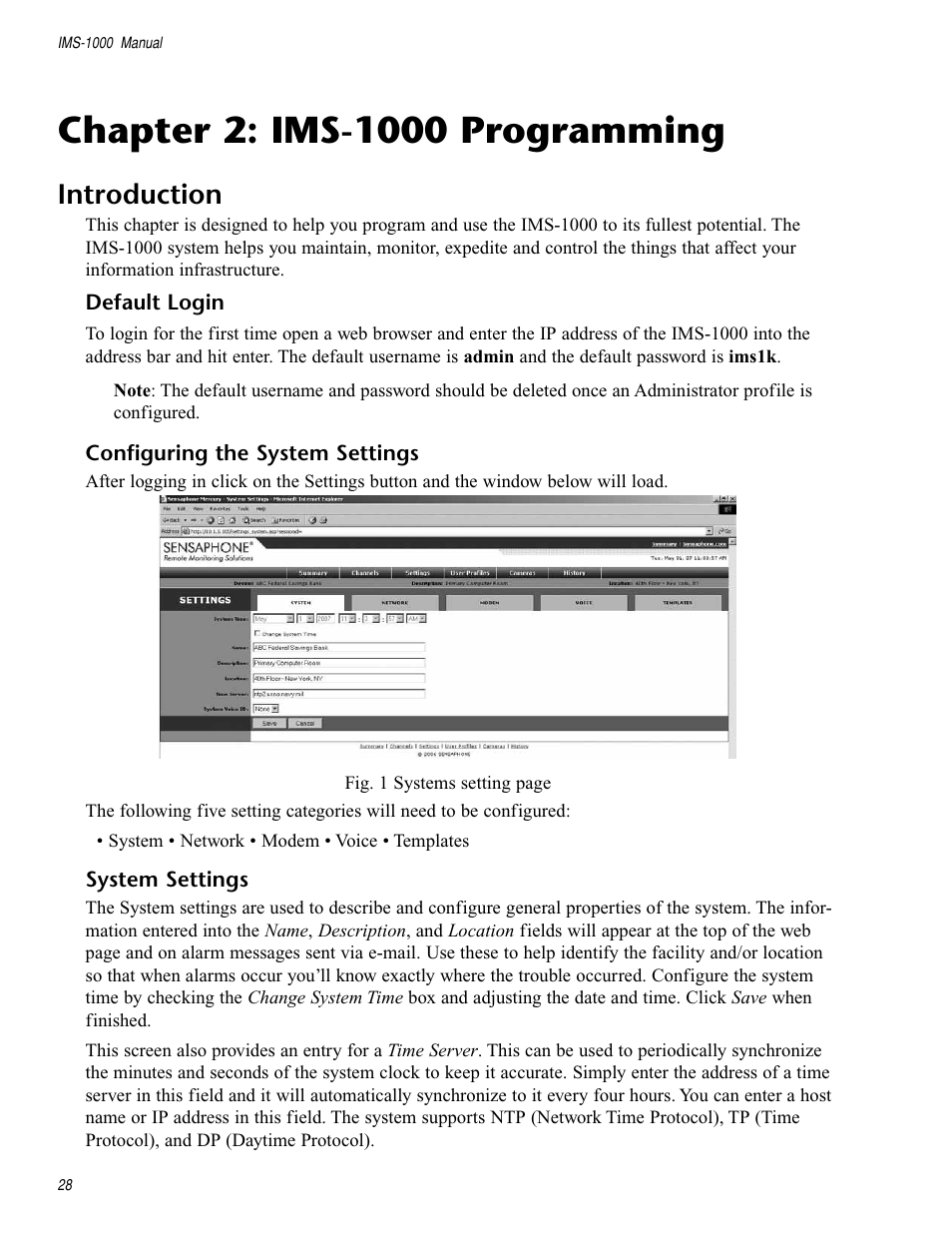 Chapter 2: ims-1000 programming, Introduction, Configuring the system settings | System settings | Sensaphone IMS-1000 Users manual User Manual | Page 28 / 114