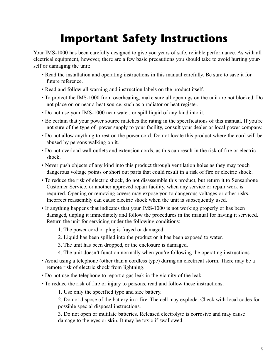 Important safety instructions | Sensaphone IMS-1000 Users manual User Manual | Page 3 / 114