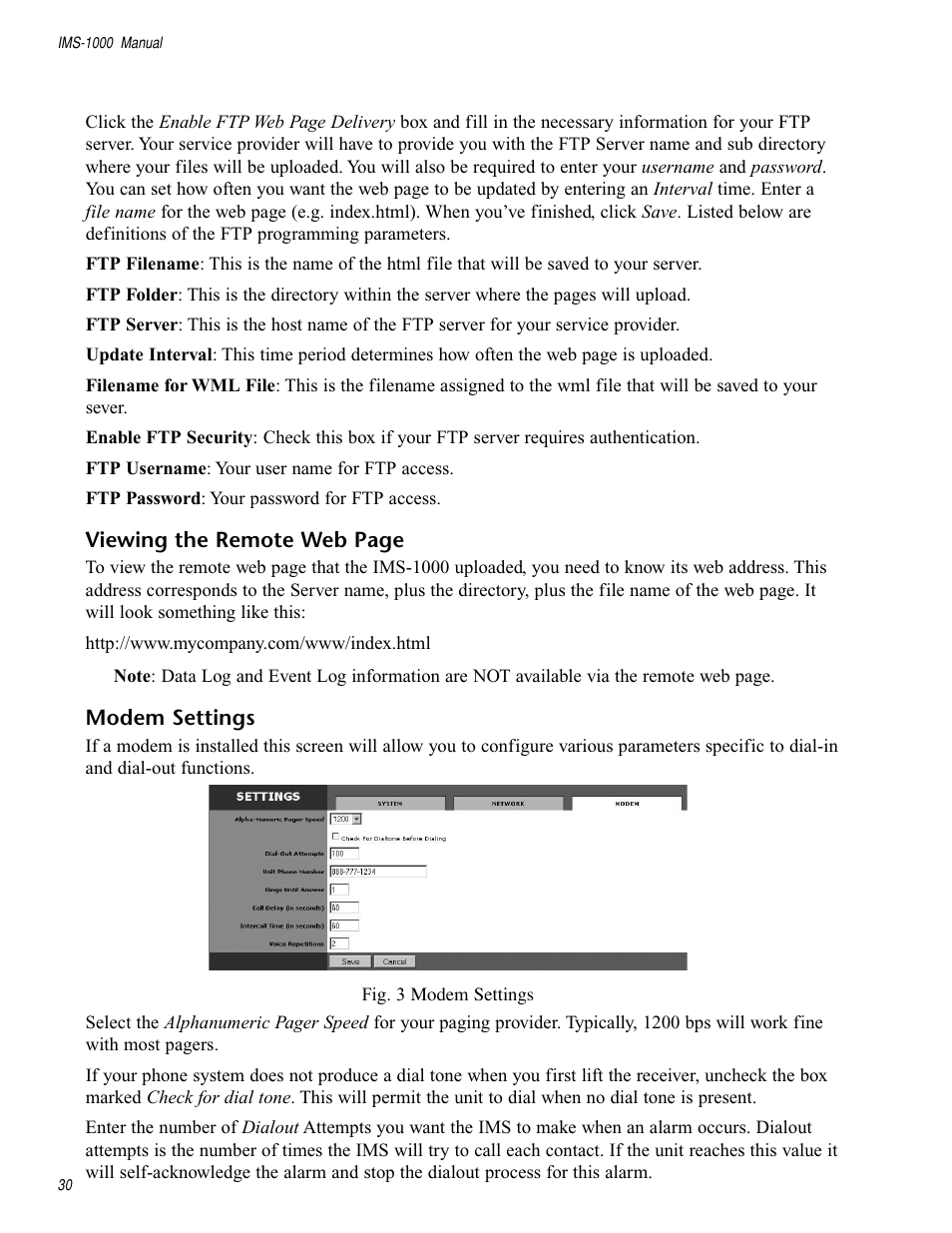 Modem settings | Sensaphone IMS-1000 Users manual User Manual | Page 30 / 114