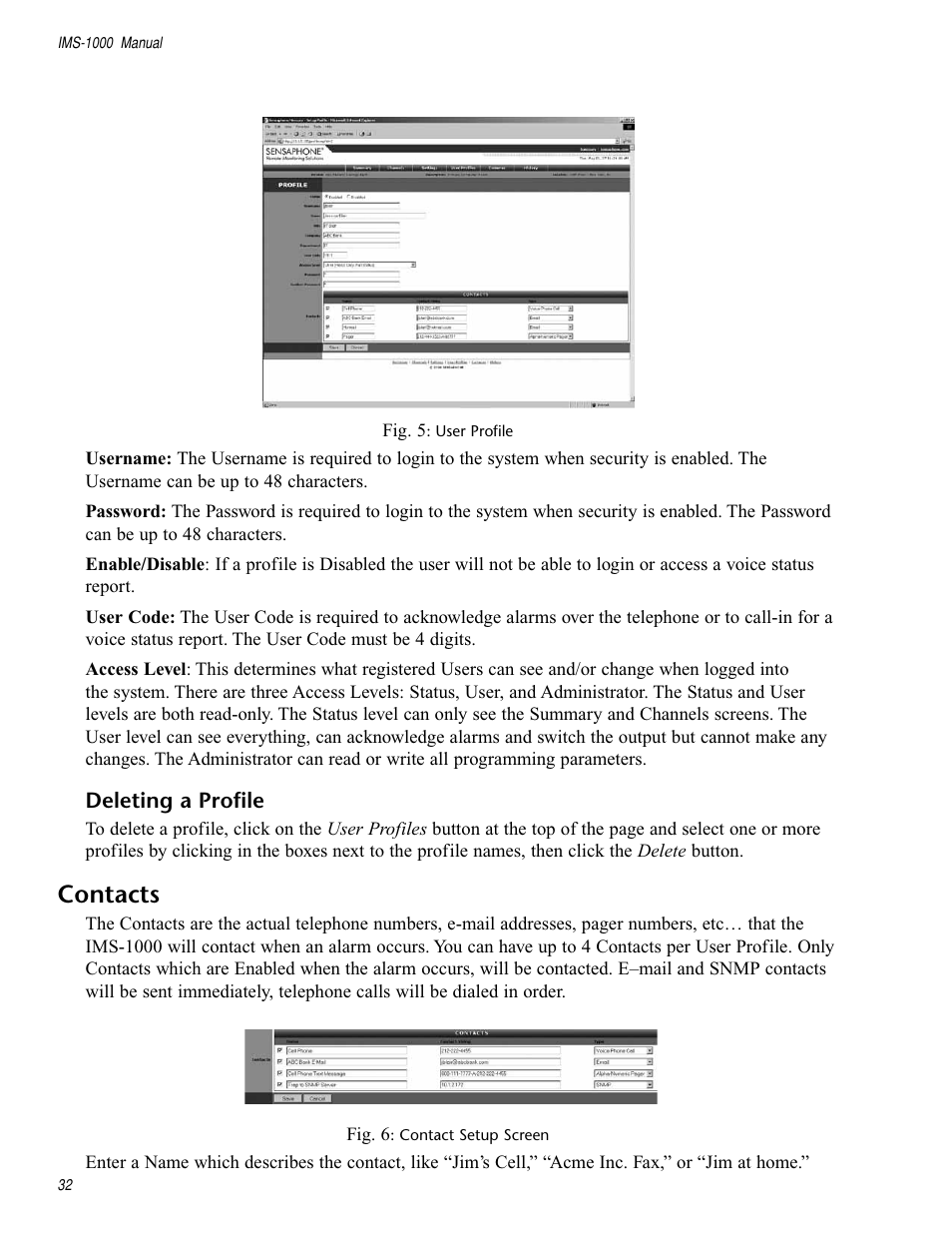 Deleting a profile, Contacts | Sensaphone IMS-1000 Users manual User Manual | Page 32 / 114