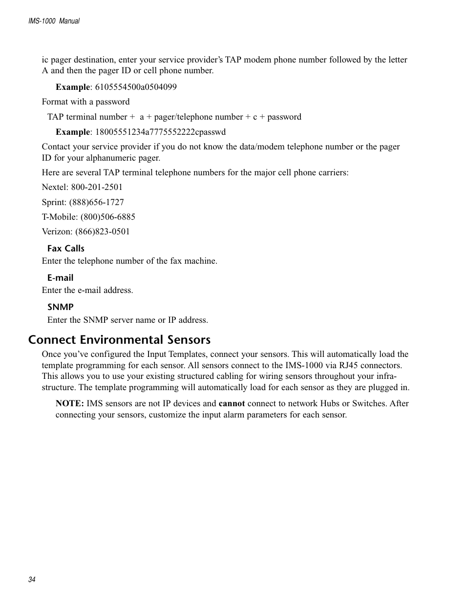 Fax calls, E-mail, Snmp | Connect environmental sensors, Fax calls e-mail snmp | Sensaphone IMS-1000 Users manual User Manual | Page 34 / 114