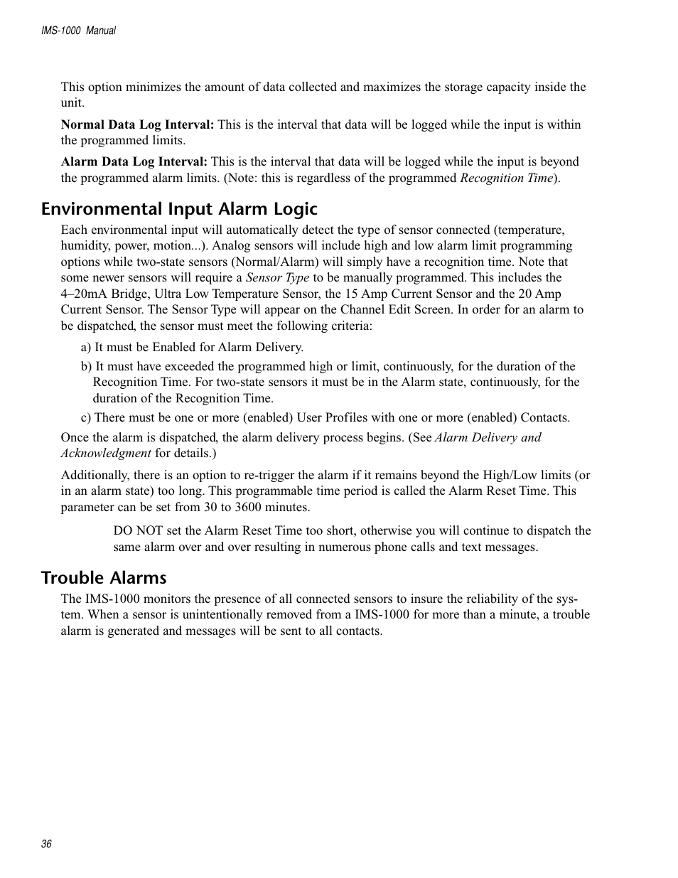 Environmental input alarm logic, Trouble alarms | Sensaphone IMS-1000 Users manual User Manual | Page 36 / 114