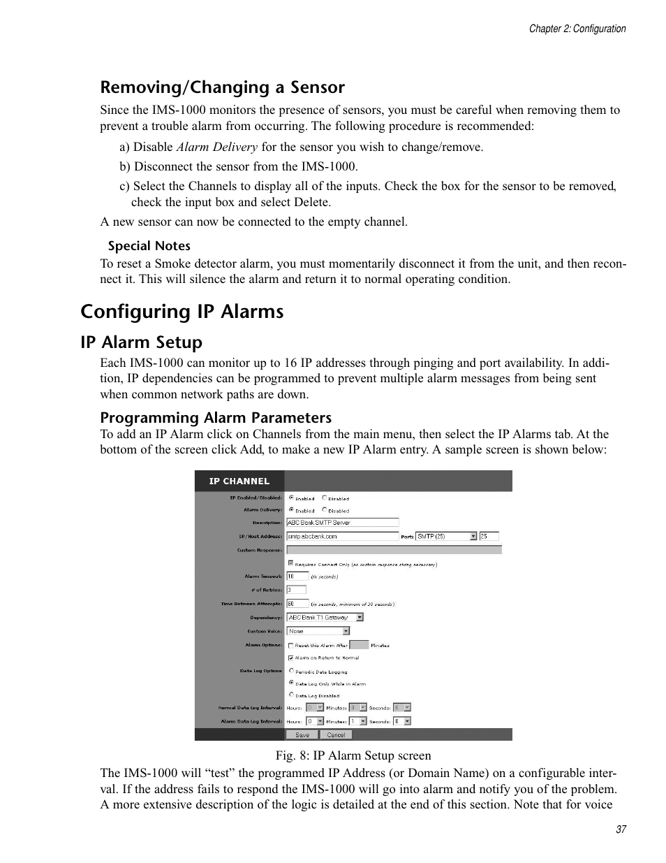 Special notes, Configuring ip alarms, Ip alarm setup | Programming alarm parameters, Removing/changing a sensor | Sensaphone IMS-1000 Users manual User Manual | Page 37 / 114