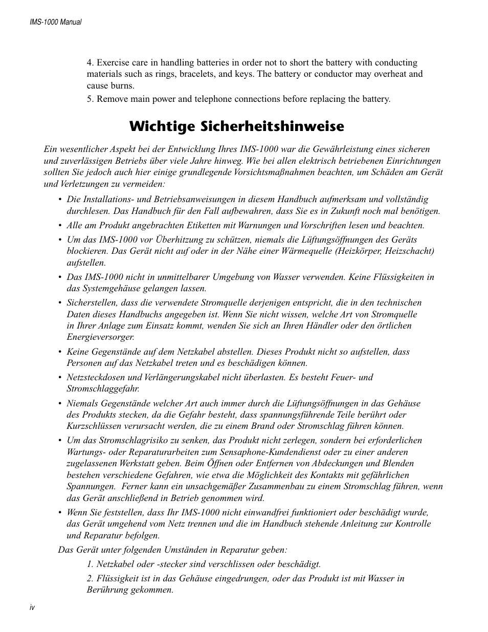 Wichtige sicherheitshinweise | Sensaphone IMS-1000 Users manual User Manual | Page 4 / 114