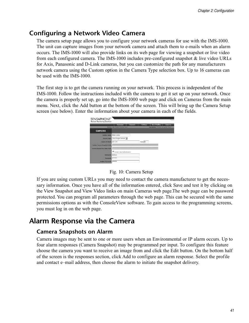 Configuring a network video camera, Alarm response via the camera, Camera snapshots on alarm | Sensaphone IMS-1000 Users manual User Manual | Page 41 / 114